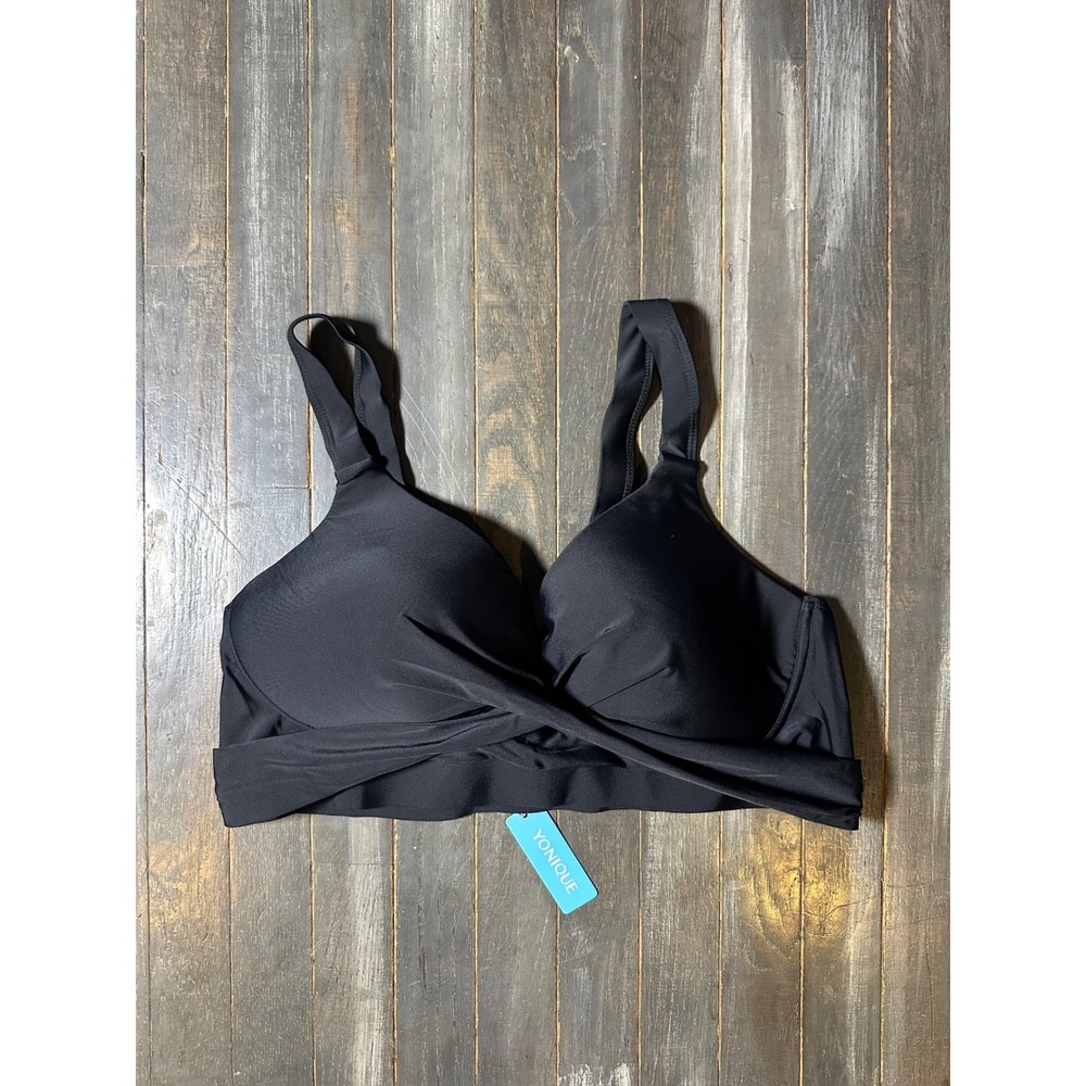 Yonique Black Crossover Bikini Top Adjustable Straps V-Neck Padded Swim Top